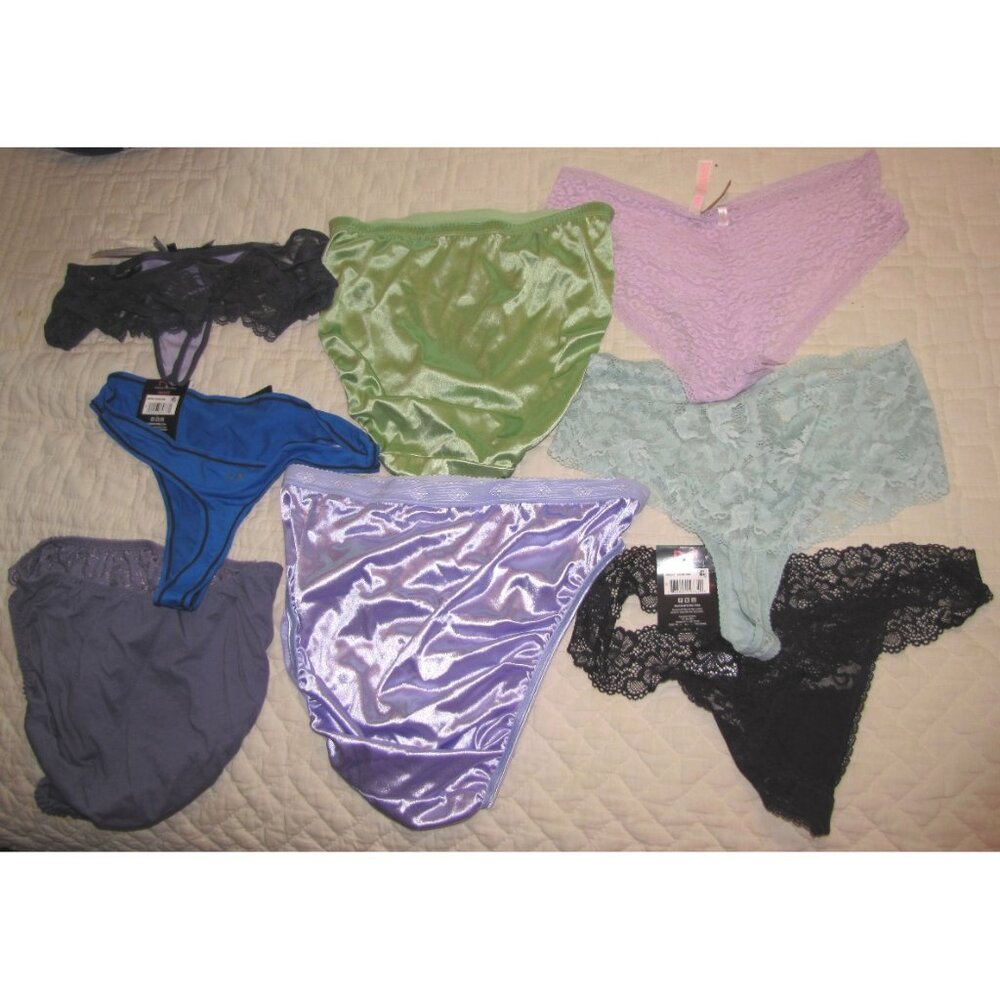 8 pairs size Large thongs bikinis second skin satin/Lace panties 4 NWT 4 NWOT